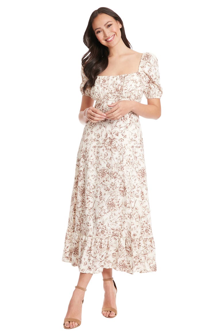 Puff Sleeve Midi Dress, Alternate, color, IVORY/ BROWN