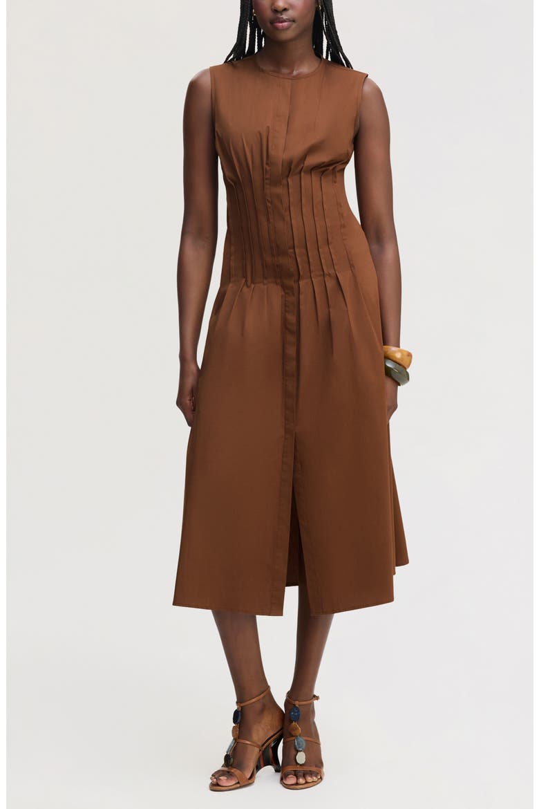 Pleated Waist Sleeveless Midi Dress, Main, color, COCOA BEAN