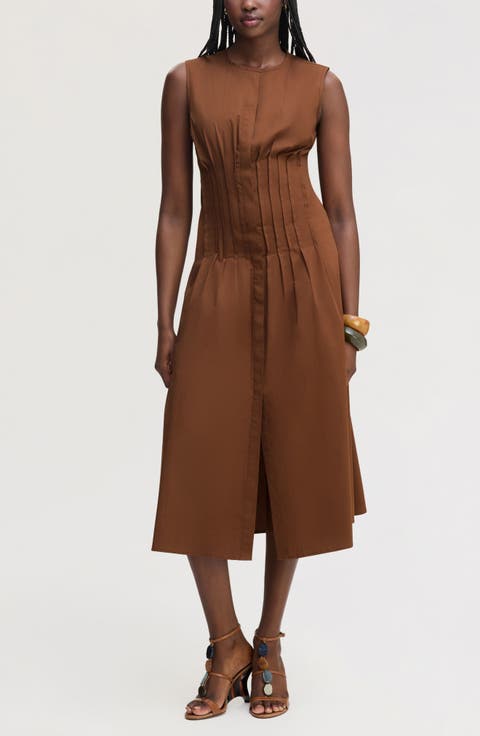 Pleated Waist Sleeveless Midi Dress