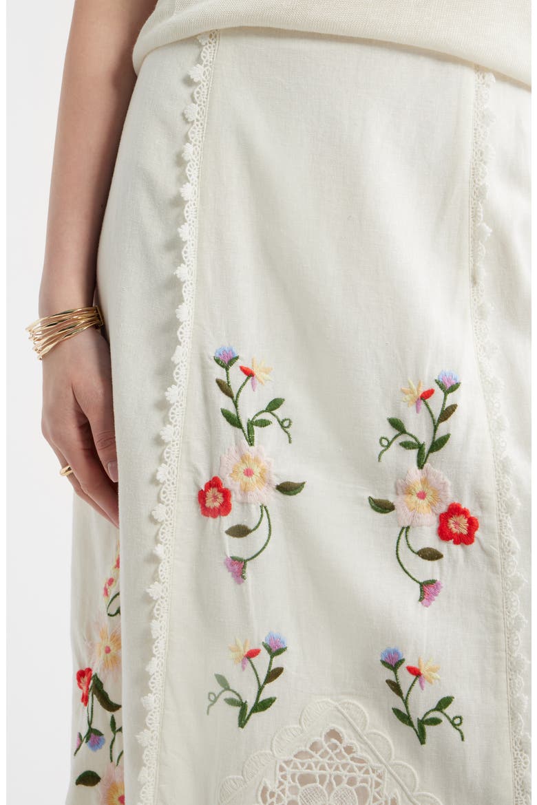 Embroidered Linen Blend Eyelet Midi Skirt, Alternate, color, IVORY MULTI EMBROIDERY
