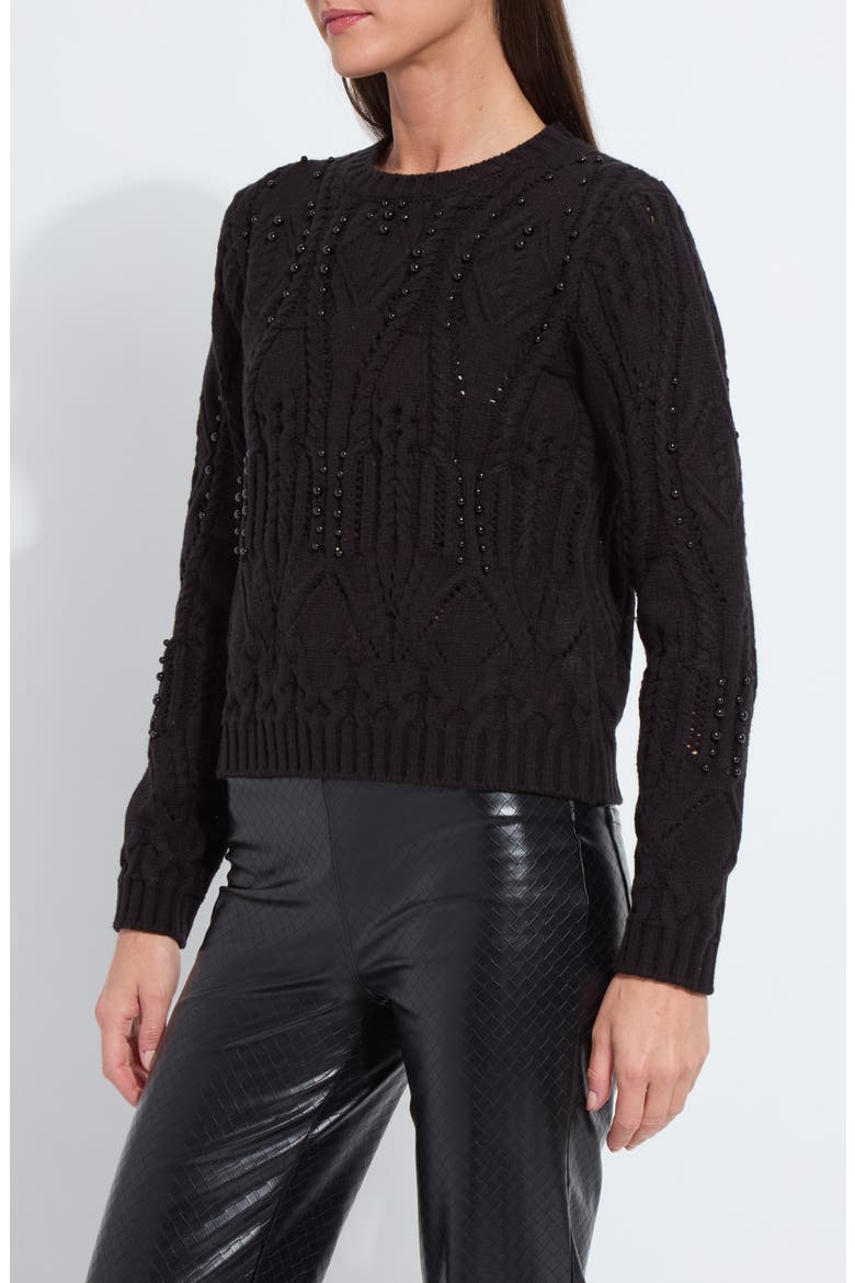 Eliza Cozy Embellished Cable Sweater, Alternate, color, BLACK