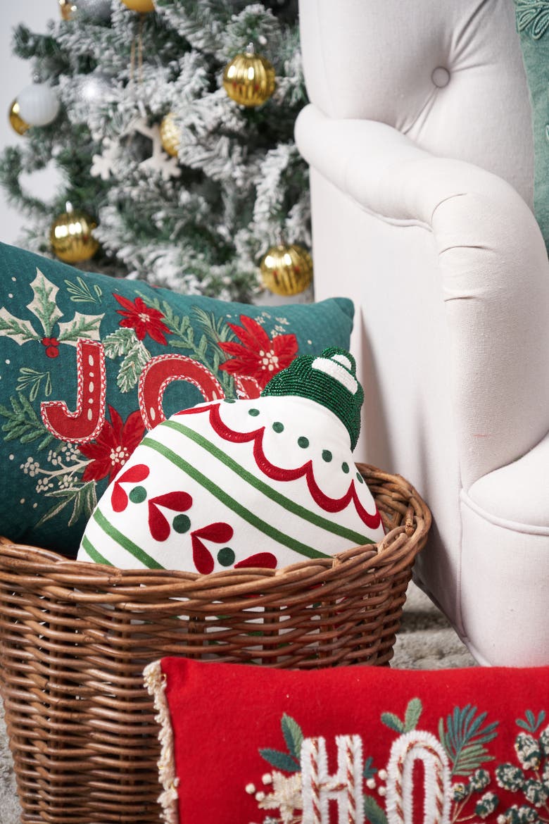 Festive White Christmas Ornament Shaped Throw Pillow 17" x 14", Alternate, color, Green