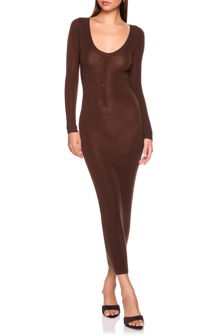 Merino Wool Henley Long Sleeved Dress, Main, color, JAVA