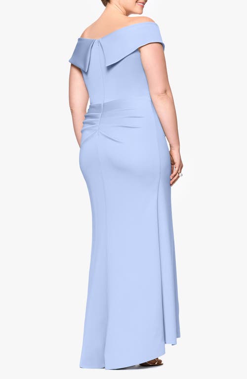 Xscape Evenings Off The Shoulder Ruffle Scuba Gown In Periwinkle