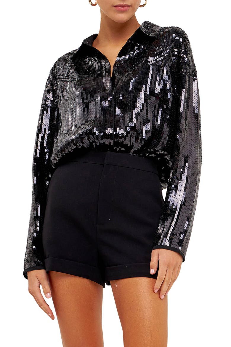 Sequin Button-Up Shirt, Main, color, BLACK