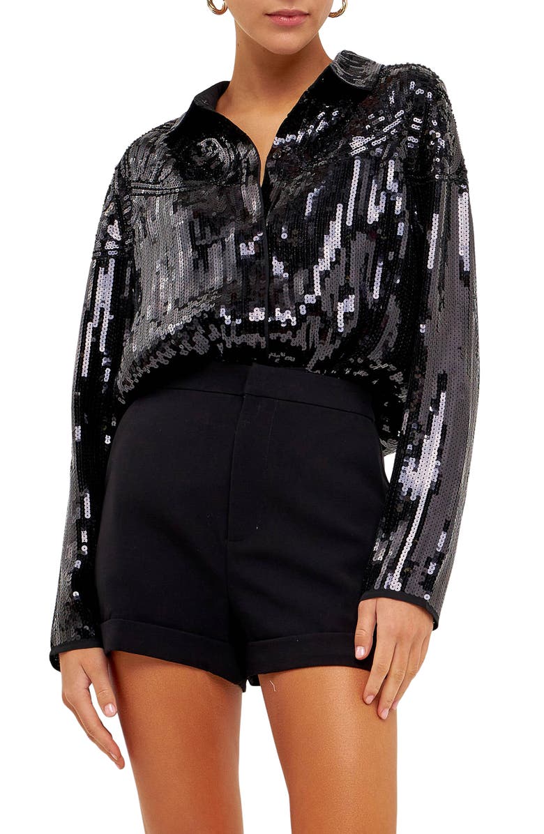 Endless Rose Sequin Button-Up Shirt, Main, color, Black