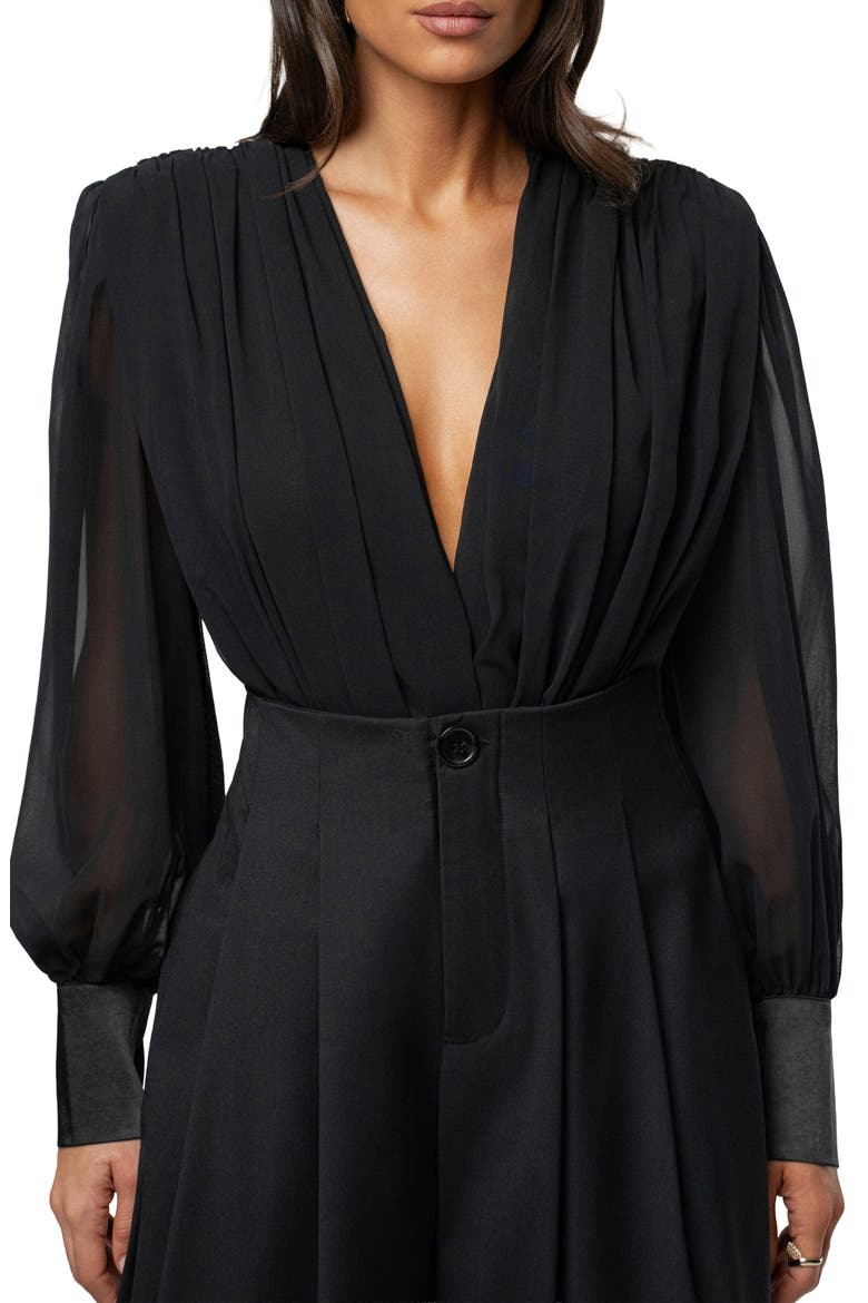 Pleated Long Sleeve Bodysuit, Alternate, color, BLACK
