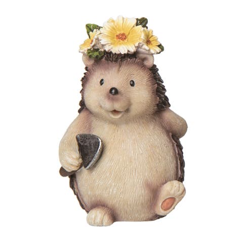 5 Inch Brown Spring Flower Crown Hedgehog Figurine Decorative Object Polyresin Spring Decor