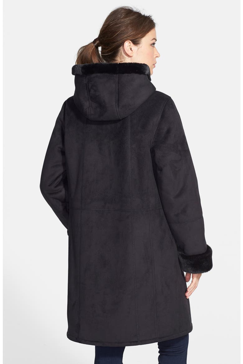 Hooded Long Faux Shearling Coat, Alternate, color, BLACK