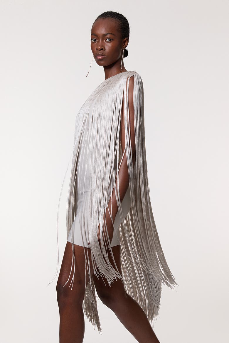 Asymmetric Draped Fringe Mini Dress, Alternate, color, Silver
