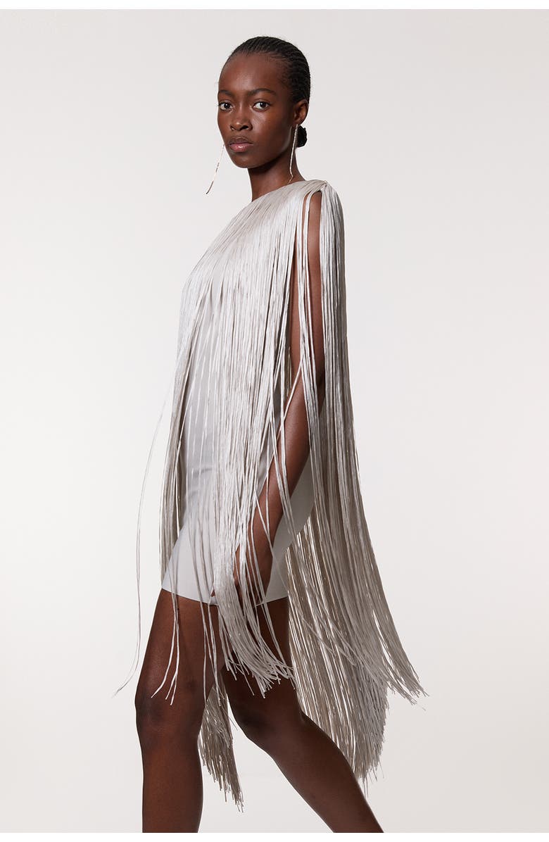 Karen Millen Fringe Mini Knit Dress, Alternate, color, Silver