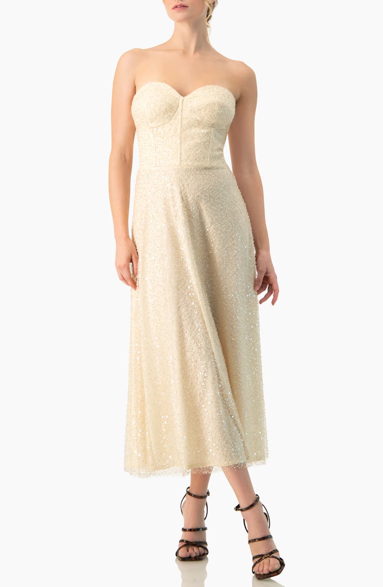 IVONNE Strapless Bustier Sequin Midi Dress, Main, color, Beige