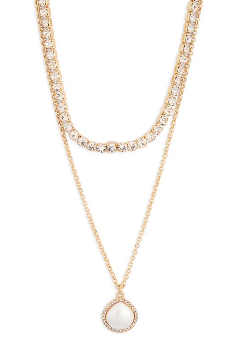 Crystal Tennis & Faux Pearl Pendant Layered Necklace