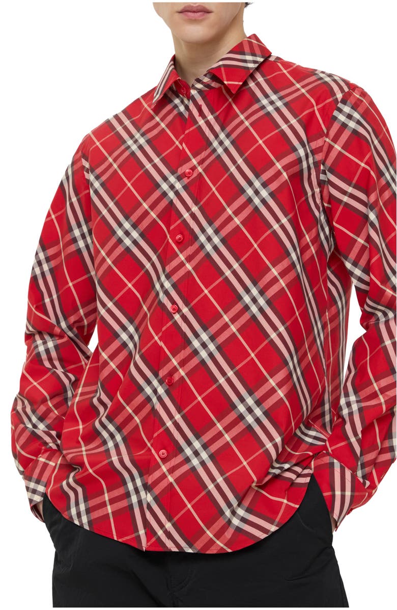 Burberry Relaxed Fit Check Cotton Shirt, Main, color, Crayon Red