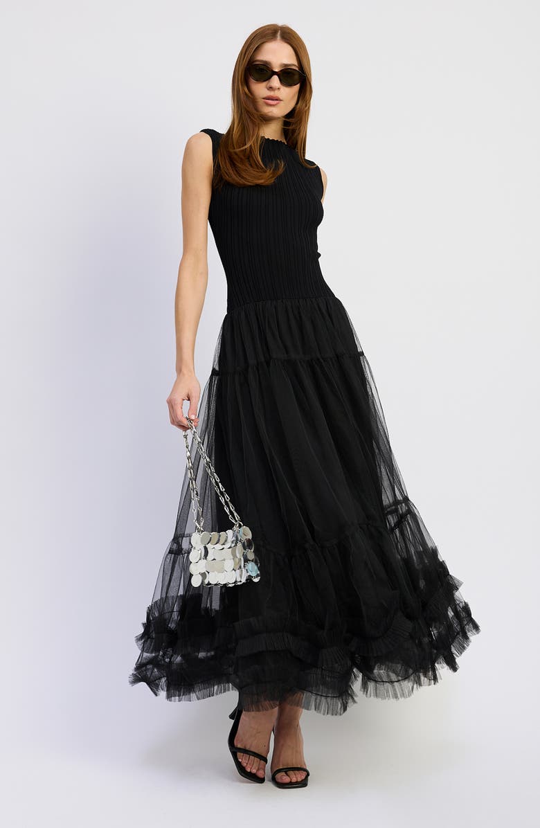 En Saison Darcy Mixed Media Tulle Gown, Alternate, color, Black