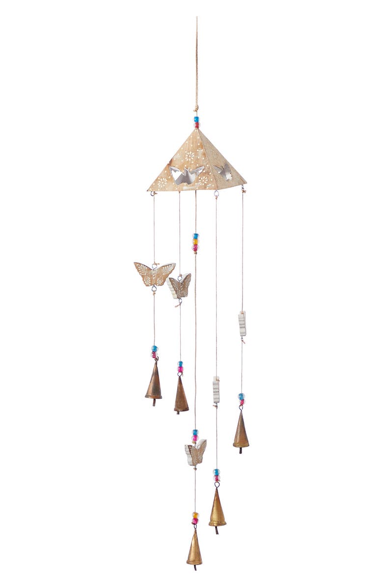 GINGER BIRCH STUDIO Goldtone Mango Wood Indoor & Outdoor Butterfly Windchime with Glass Beads & Cone Bells, Main, color, 