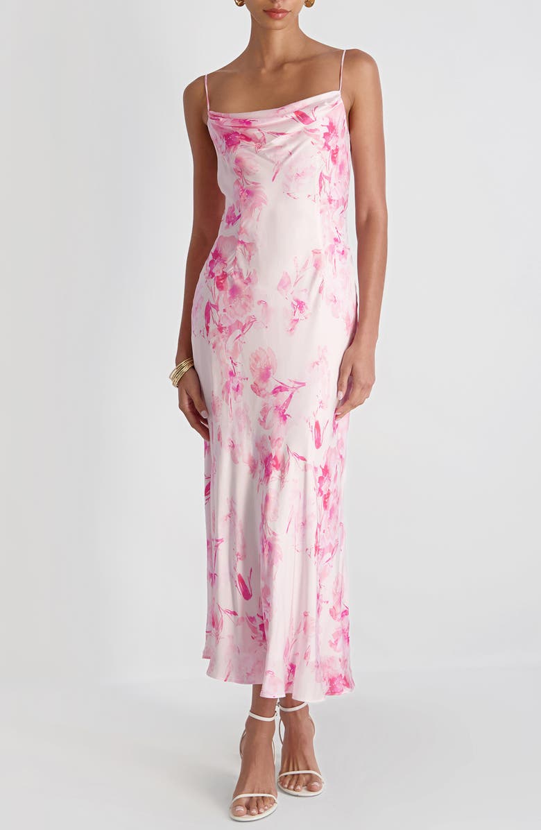 French Connection Oona Floral Print Satin Slipdress, Main, color, Pink Icing