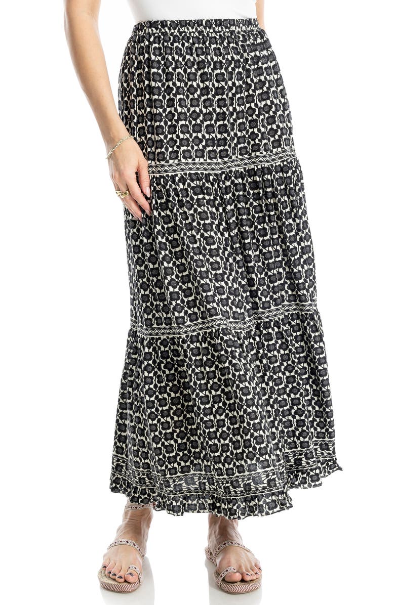 MAX STUDIO Floral Print Tiered Maxi Skirt, Main, color, Cream/ Black Smalll Poppy Buds