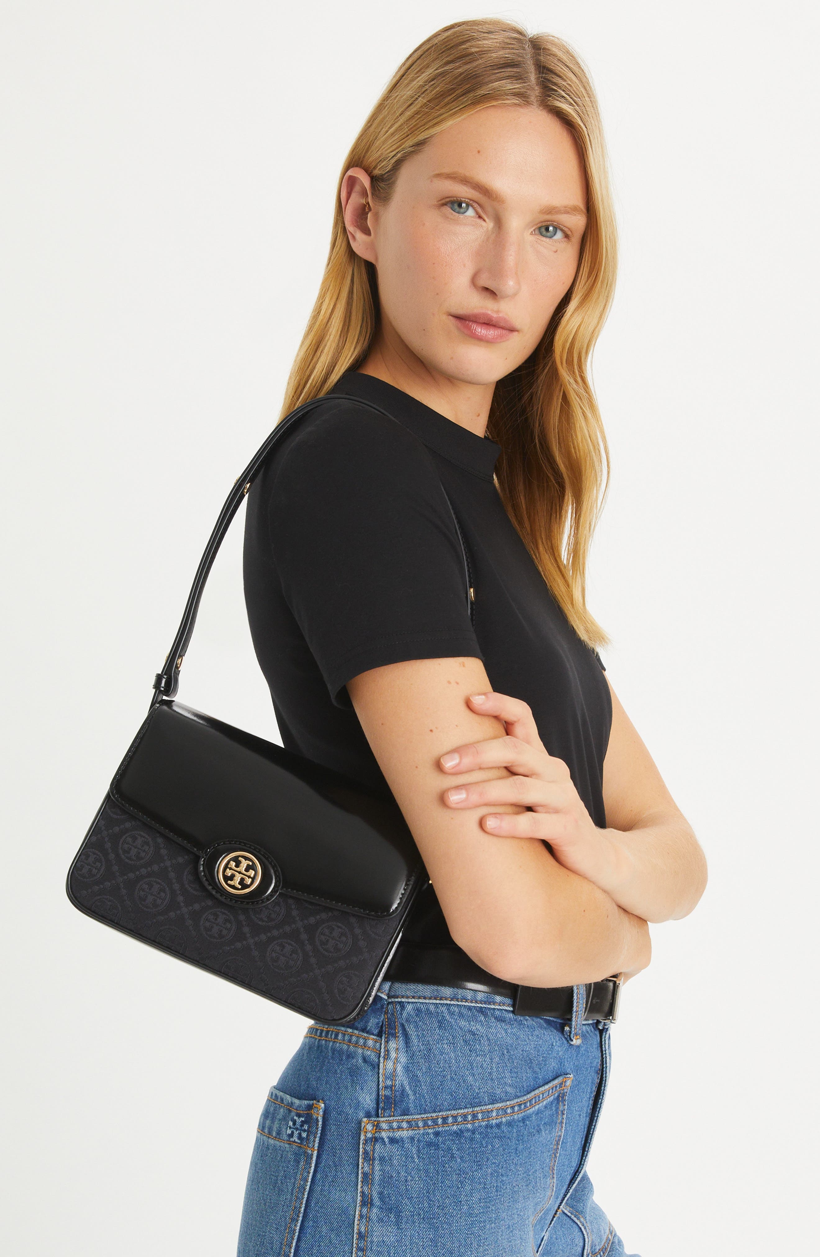 Tory Burch RobinsonT Monogram Jacquard & Leather Convertible Shoulder Bag, Alternate, color, 