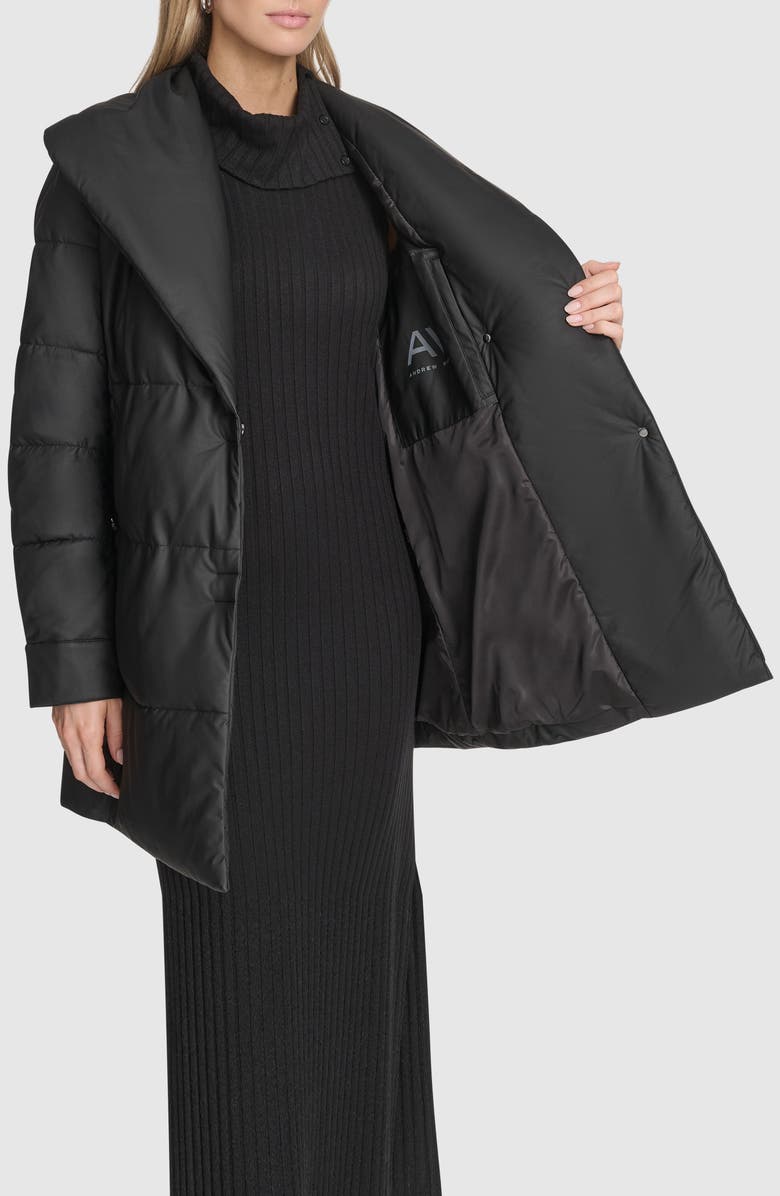 Andrew Marc Adela Faux Leather Shawl Collar Quilted Wrap Coat, Alternate, color, Black