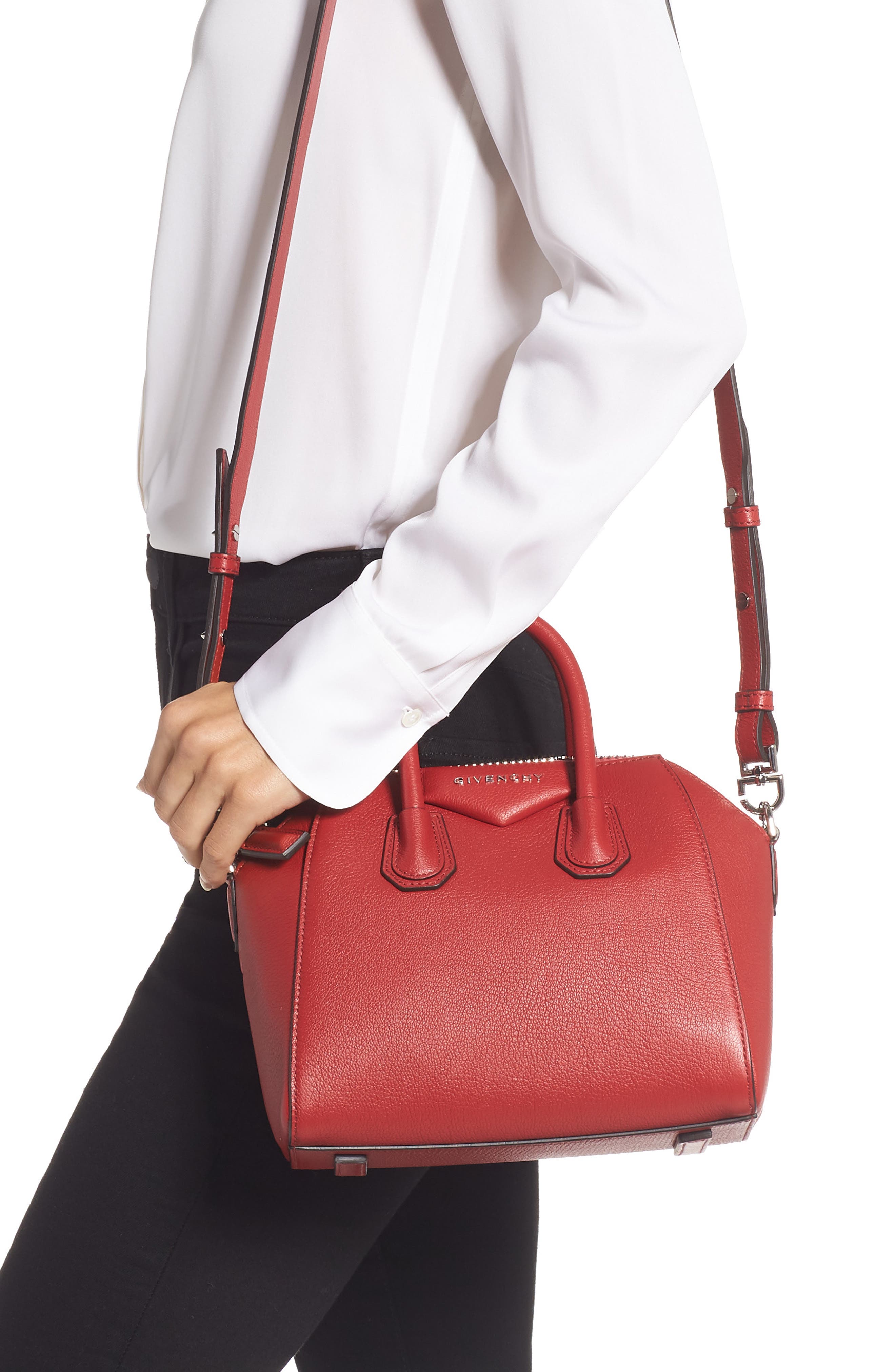 Givenchy Mini Antigona Sugar Leather Satchel, Alternate, color, Vermillion