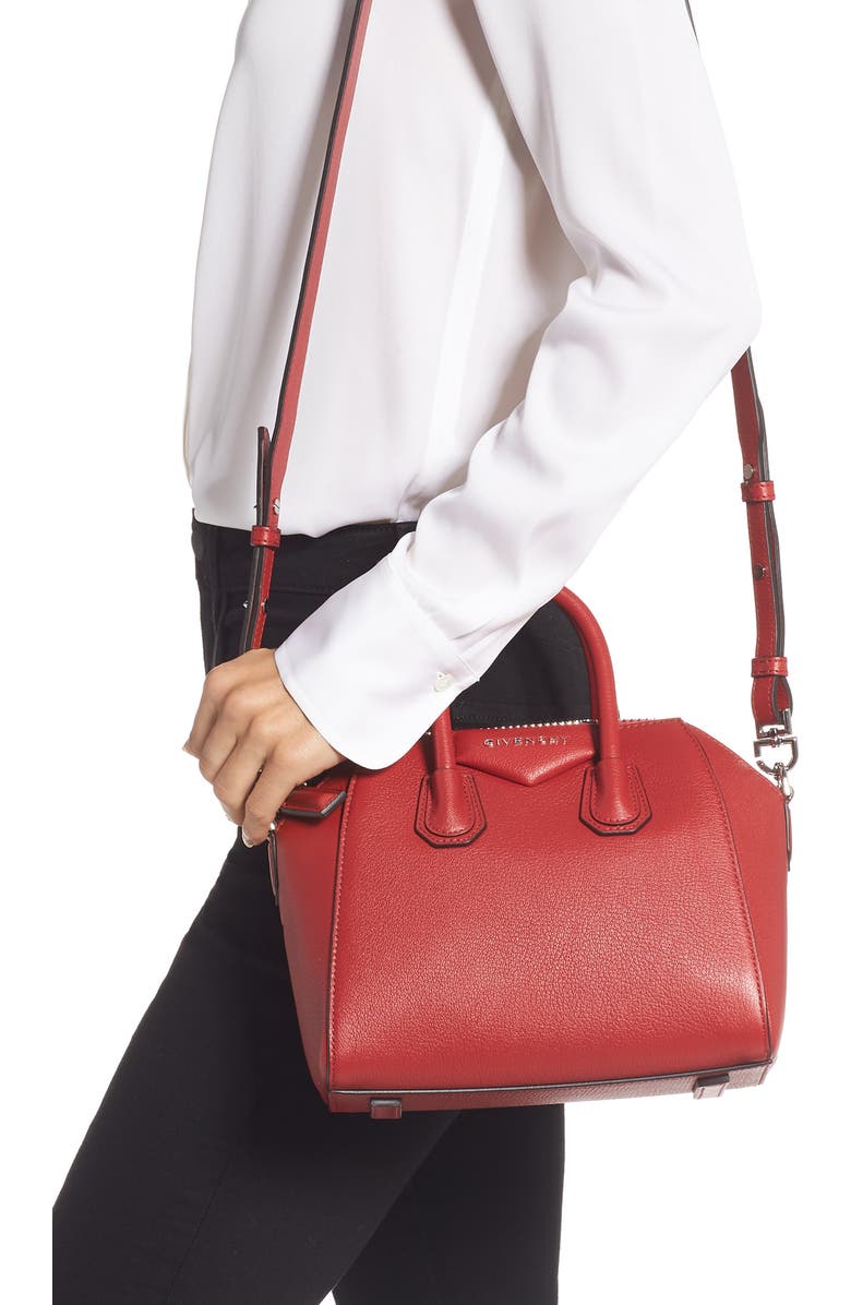 Givenchy Mini Antigona Sugar Leather Satchel, Alternate, color, Vermillion