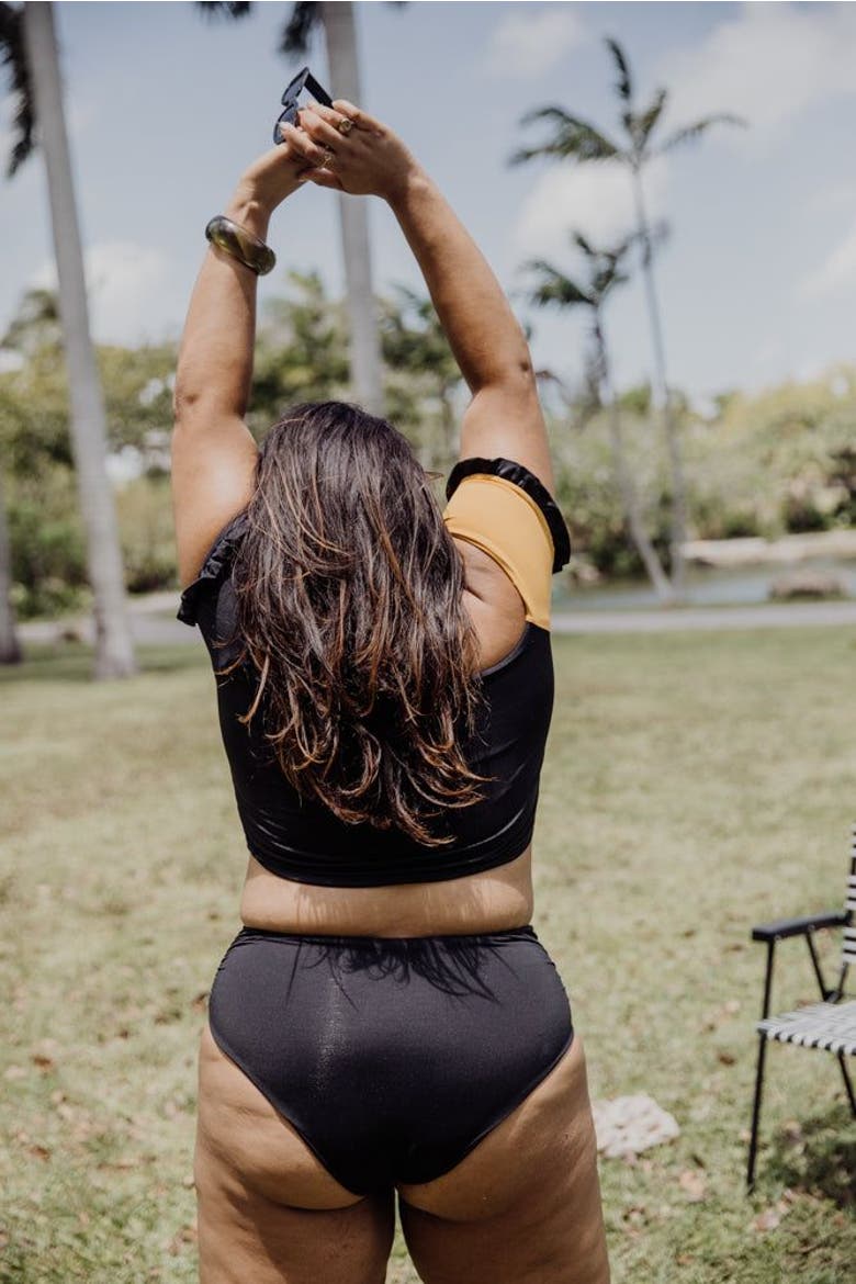 Cali Off-The-Shoulder Bikini Crop Top With Short Sleeves, Alternate, color, Black and Mustard Yellow