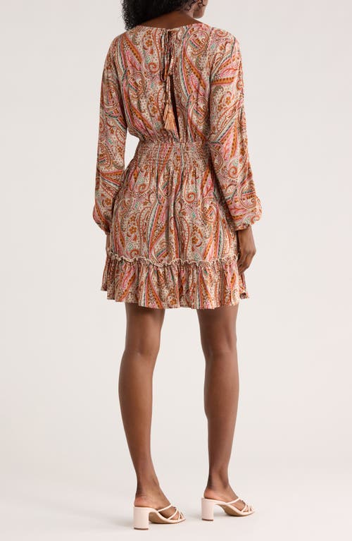 Lovestitch Paisley Long Sleeve Minidress In Brown