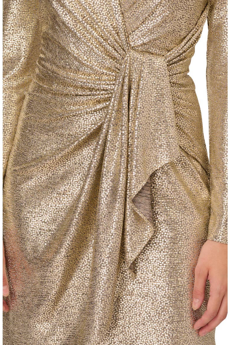 Metallic Foil Long Sleeve Knit Faux Wrap Dress, Alternate, color, LIGHT GOLD