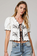 Modenaire Puff Sleeve Tie-Front Blouse with Floral Embroidery and Eyelet Trim