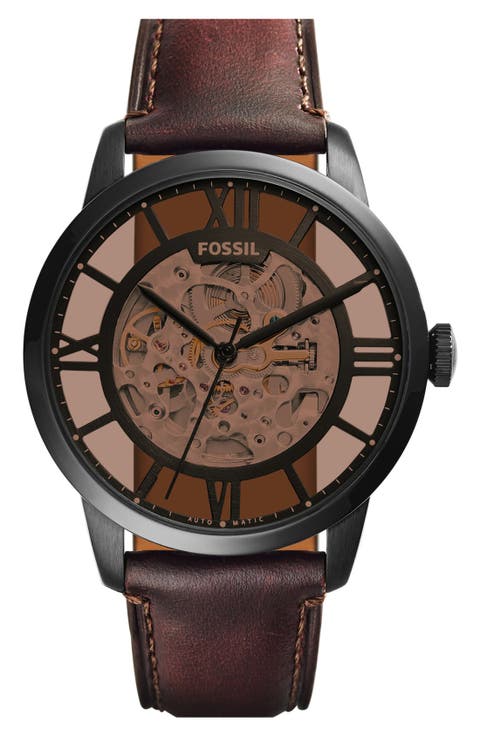 'Townsman' Automatic Leather Strap Watch, 44mm