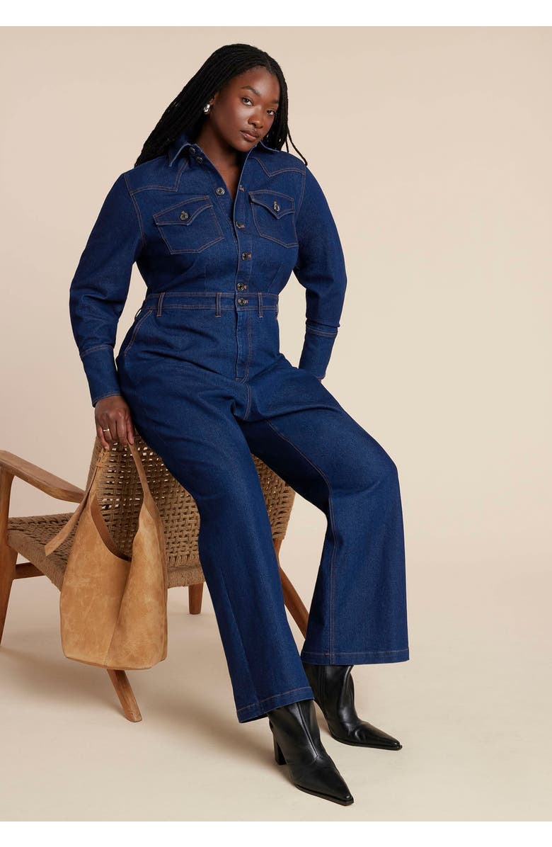 ELOQUII Western Detail Denim Jumpsuit, Main, color, Dark Wash