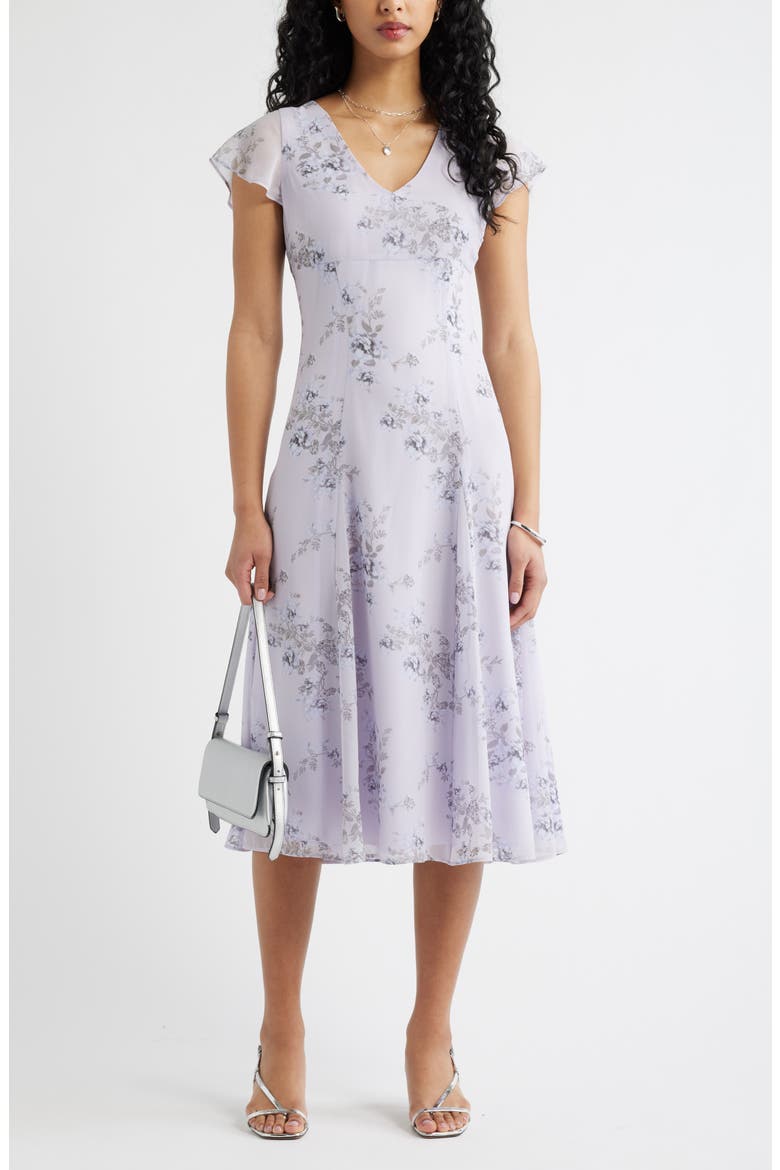Short Sleeve Godet Pleat Dress, Main, color, PURPLE MIRAGE FLORAL