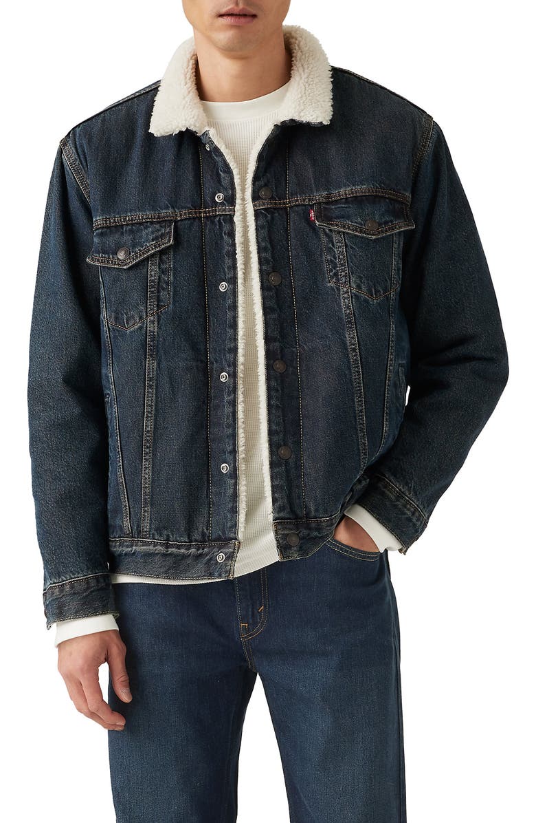 Levi's<sup>®</sup> Relaxed Fit Faux Shearling Lined Denim Trucker Jacket, Main, color, Night Shadows Sherpa Trk