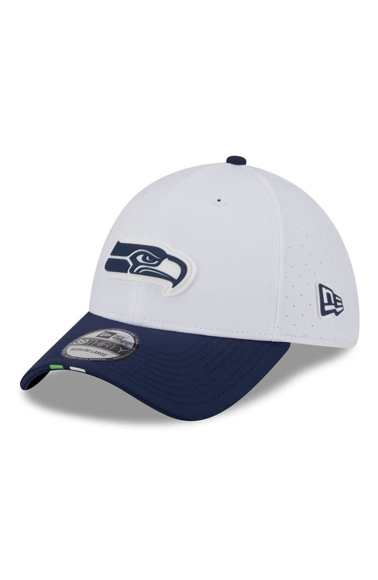 New Era Men's New Era White/College Navy Seattle Seahawks 2025 NFL Training Camp 39THIRTY Flex Hat, Main, color, White