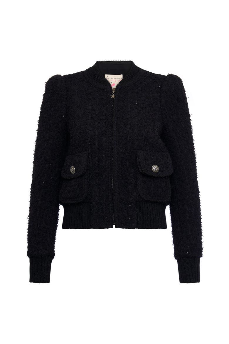 Tweed Bomber Jacket With Knitted Back, Alternate, color, Black