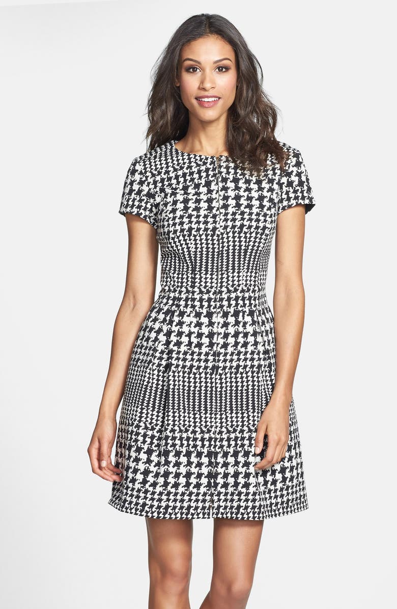 Eliza J Front Zip Houndstooth Jacquard Fit & Flare Dress, Main, color, 
