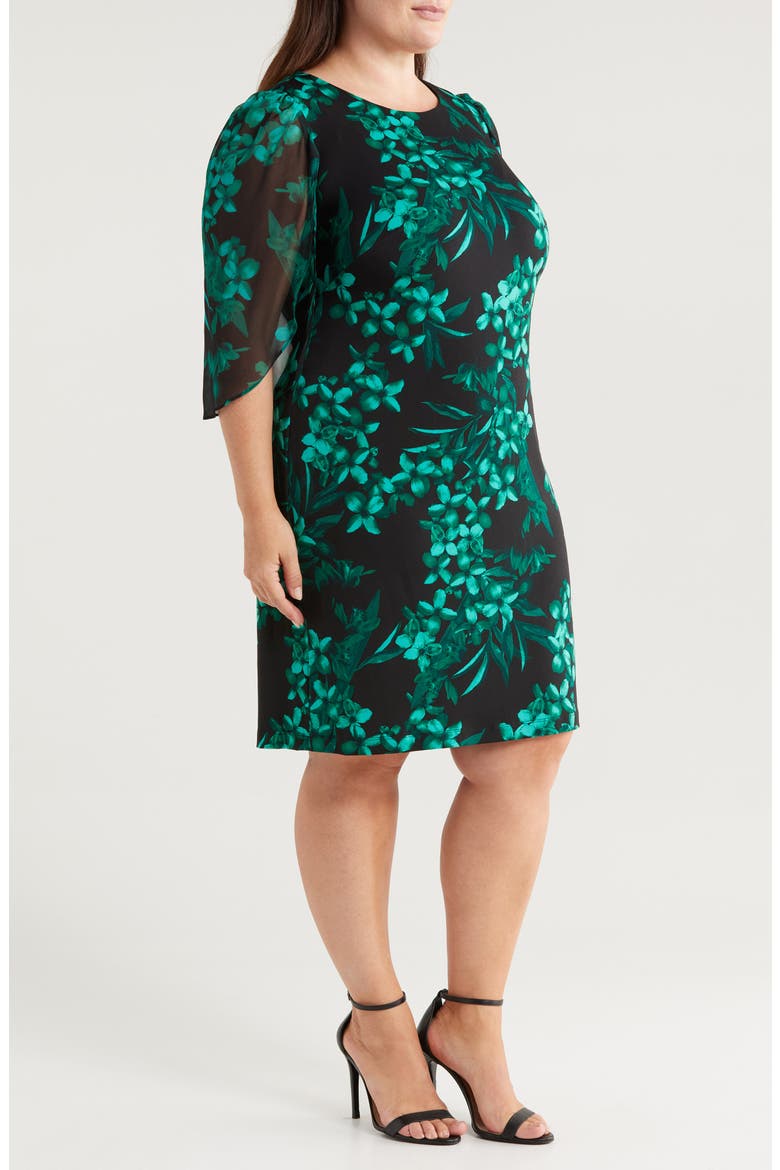 Floral Chiffon Sleeve Sheath Dress, Alternate, color, HUNTER