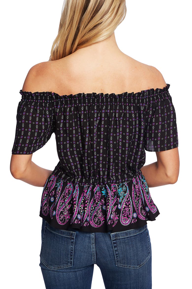 Off the Shoulder Mosaic Paisley Top, Alternate, color, RICH BLACK