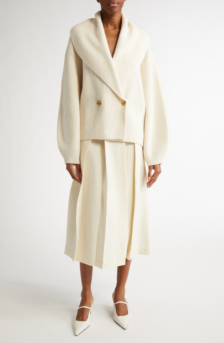 TOTEME Double Breasted Shawl Collar Wool Blend Rib Cardigan, Main, color, Milk