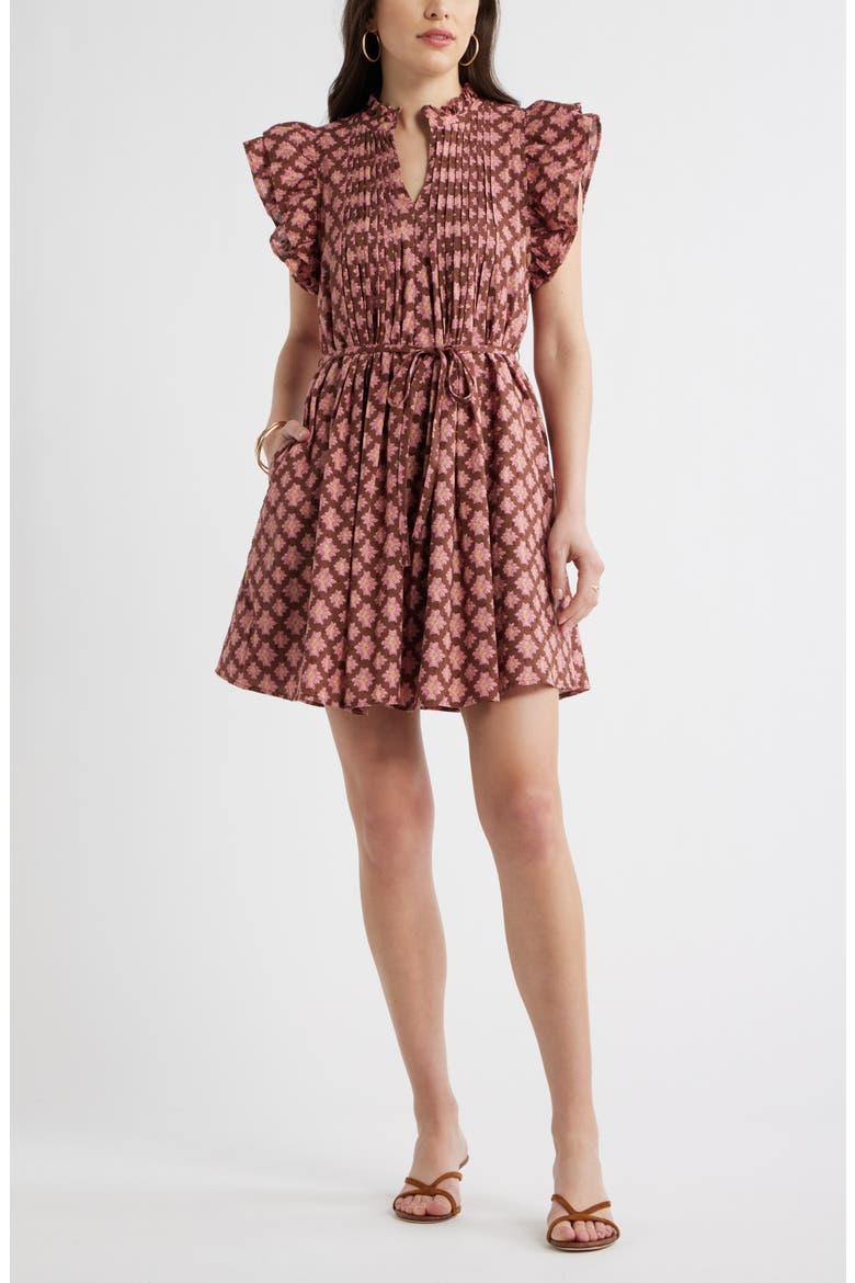 Ruffle Tie Waist Dress, Main, color, BROWN- PINK MILLIE TILE