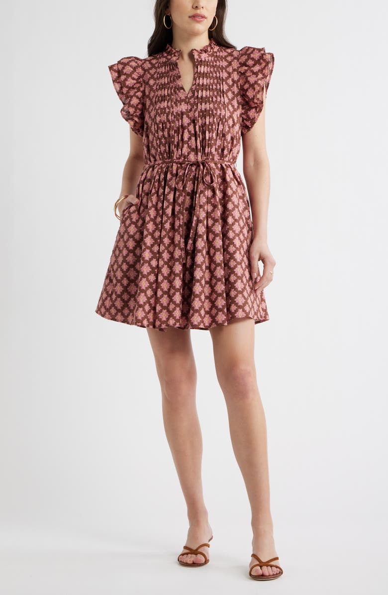 Caslon<sup>®</sup> Ruffle Tie Waist Dress, Main, color, Brown- Pink Millie Tile