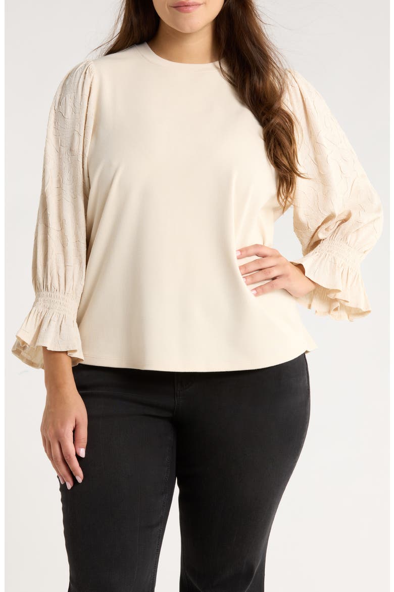 Mixed Media Smocked Sleeve Top(Plus), Main, color, ECRU