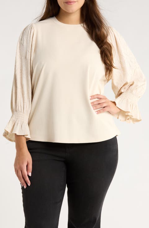 Mixed Media Smocked Sleeve Top (Plus)