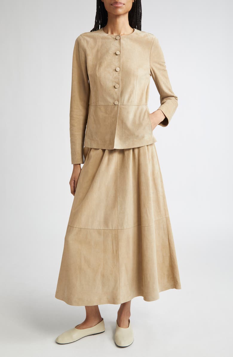 Lafayette 148 New York Peplum Paperfine Suede Jacket, Alternate, color, Clay