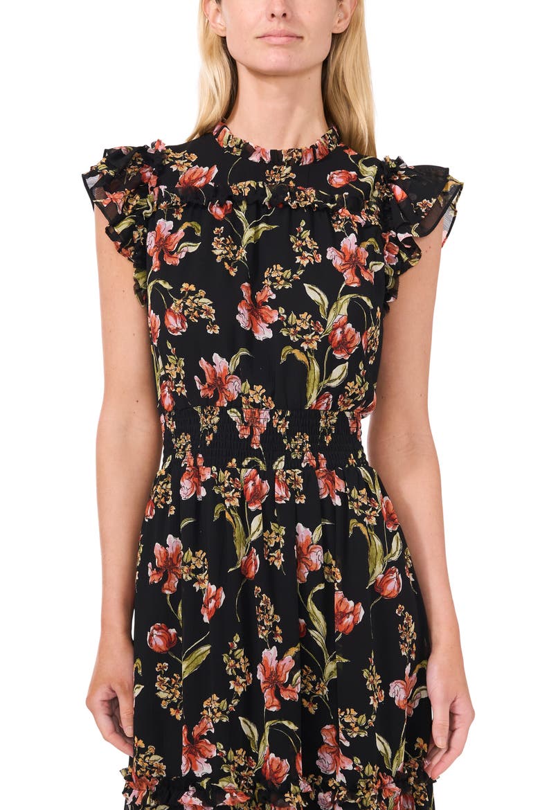 Floral Flutter Sleeve Midi Dress, Alternate, color, RICH BLACK
