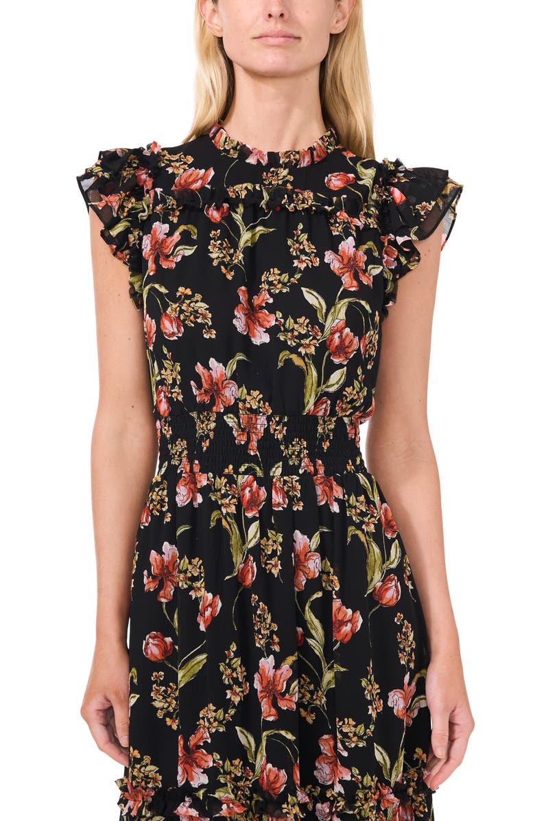 CeCe Floral Flutter Sleeve Midi Dress, Alternate, color, Rich Black
