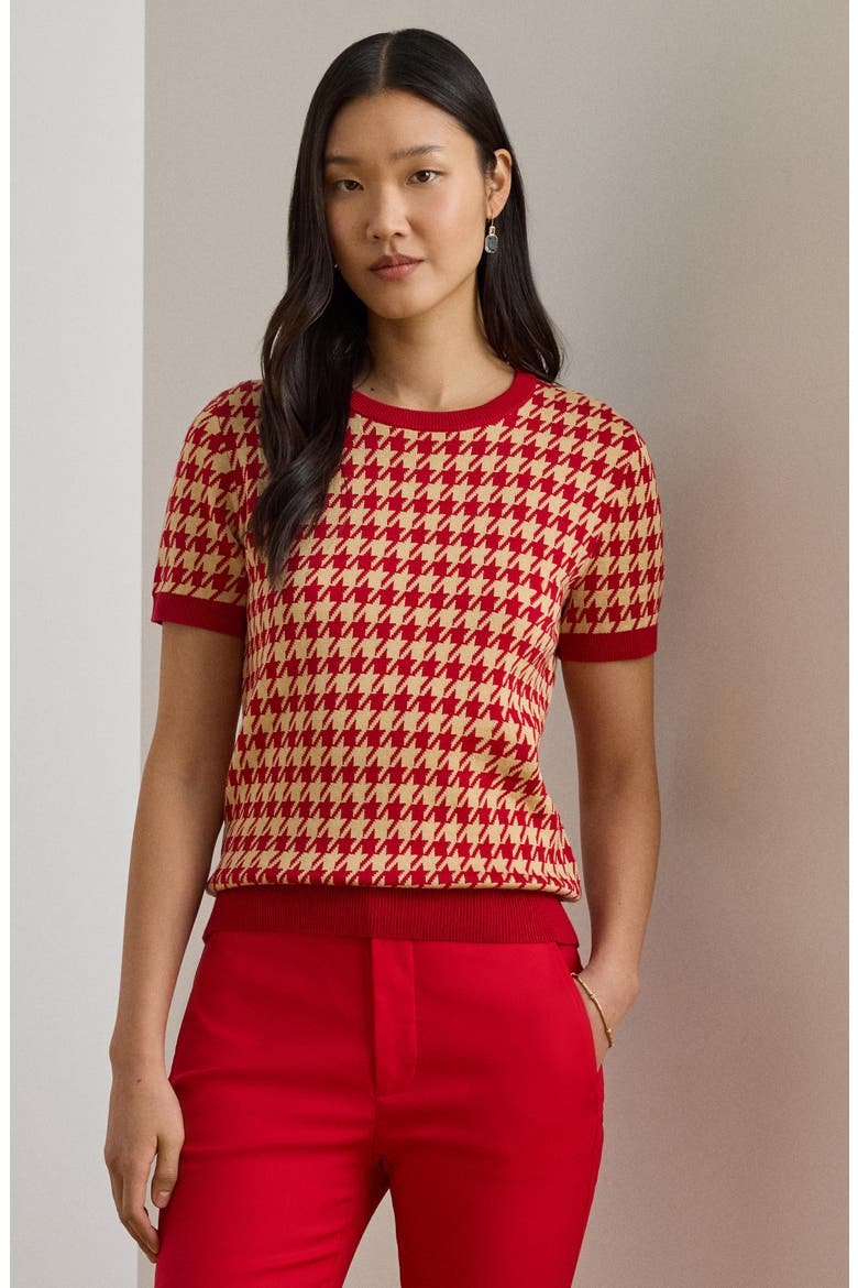 Houndstooth Short Sleeve Sweater, Alternate, color, RED/ TAN
