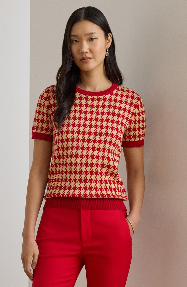 Lauren Ralph Lauren Houndstooth Short Sleeve Sweater, Alternate, color, Red/ Tan