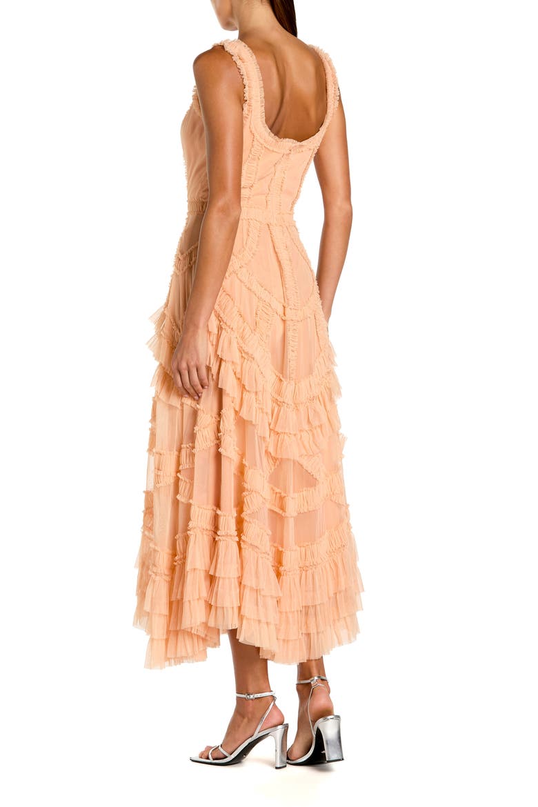 Scoop Neck Sleeveless Mesh Micro Ruffle Midi Dress, Alternate, color, Peach